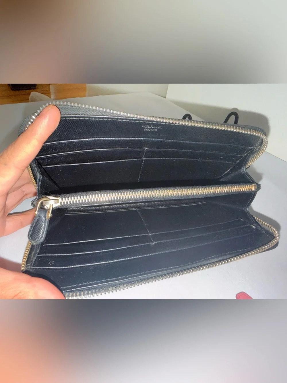 Prada Black Saffiano Leather Zip Wallet with Gold Logo